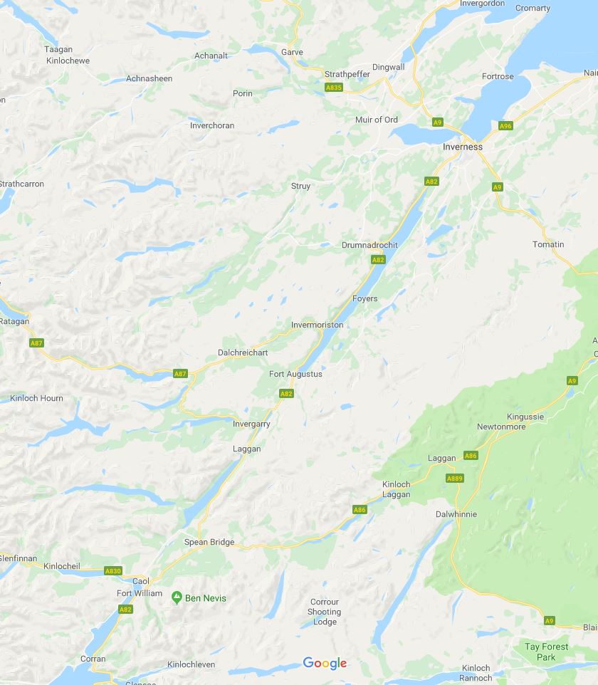 Strip map of route from Fort William to Inverness ©Google Maps image