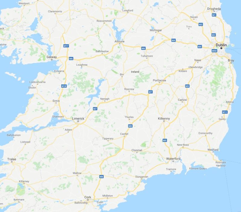 Ireland Map covering travel area © Google